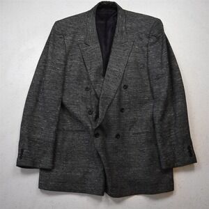Vtg USA Made Double Breasted 46L Gray Slub Linen Tweed Blazer Jacket Sport Coat